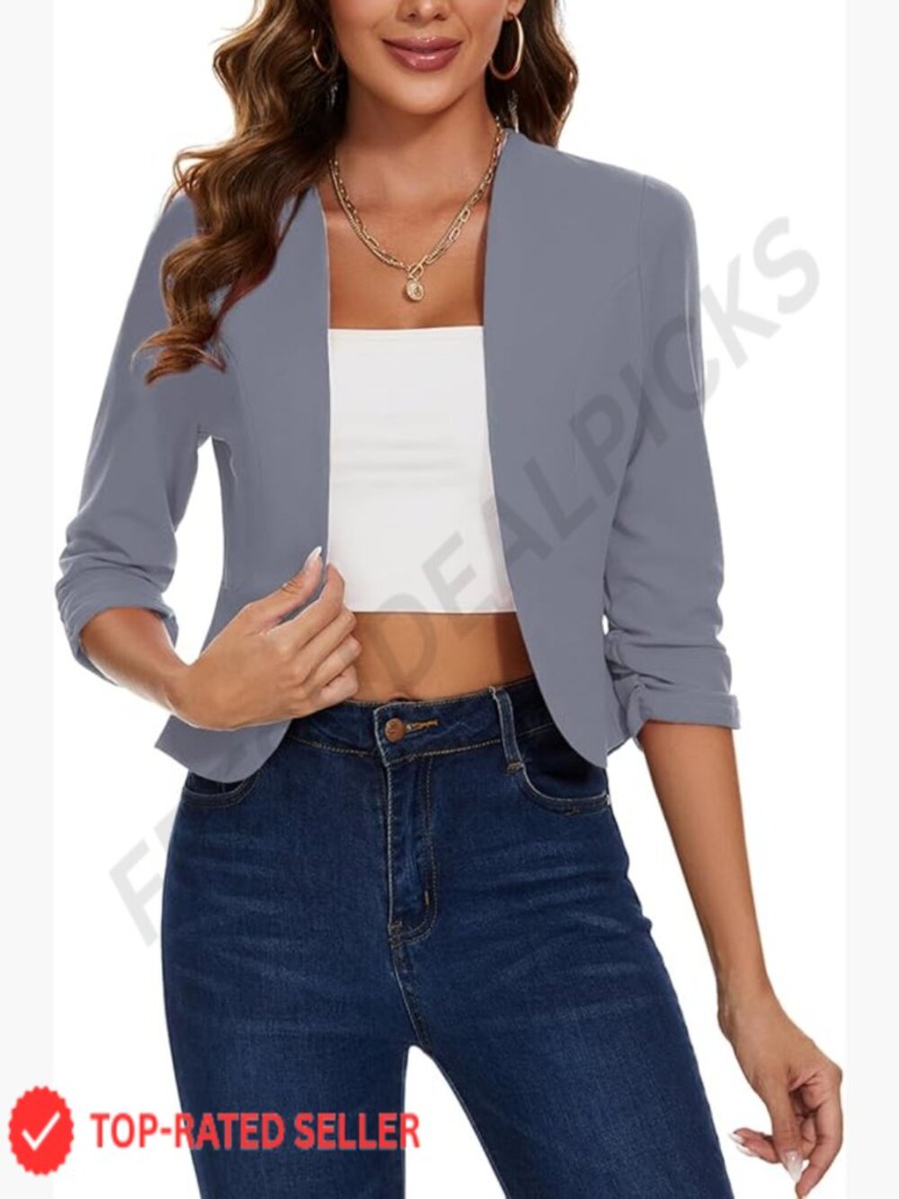 Cropped Blazer 3/4 Ruched Sleeve Collarless Open Front Casual Work Office